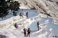 Pamukkale boasts calcium-rich thermal waters flowing out of the mountain