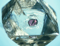 A purple pyrope garnet, an indicator of garnet harzburgite, in a brownish diamond octahedron from the Udachnaya pipe, Sakha Republic, Russia