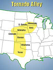A map showing the central U.S. region referred to as "Tornado Alley"
