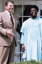 U.S. President Ronald Reagan with Liberian President Samuel  K. Doe.