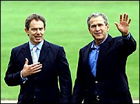 Prime Minister Tony Blair with U.S. President George W. Bush in July 2003