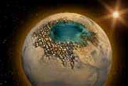 An artist's rendition of an off-world colony, concentrated around a large source of water