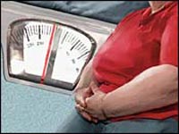 Photo illustration showing obese adult and weight scale