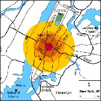 Illustration showing impact of fictious nuclear explosion in Manhattan 