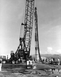 Nuclear test cannister being lowered into a shaft for testing