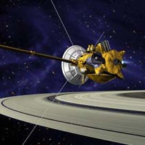 An artist's rendition of the Cassini spacecraft flying near Saturn's rings
