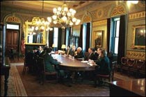 A photo of the Vice President's Ceremonial Office while VP Dick Cheney holds a meeting