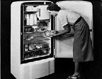 A woman placing a dish in her refrigerator.