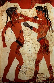 A painted mural depicting two ancient athletes boxing.