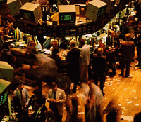 Floor brokers busy at the New York Stock Exchange.