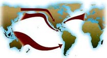 A map illustrating possible migration routes of humans to the Americas.