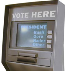 An electronic voting machine with touch screen in the  2000 election.