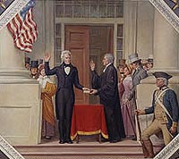 An illustration of President-elect Thomas Jefferson taking the oath.