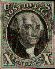 This ten-cent stamp was one of the first two adhesive stamps issued in the United States.