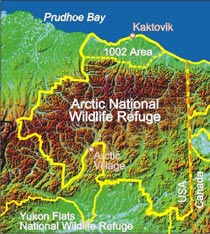 This map shows the boundaries of the Arctici National Wildlife Refuge and the 1002 Area.