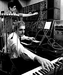 Robert Moog (front) and Jon Weiss (rear) in the R. A. Moog Studio in the late 1960s.