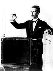 Leon Theremin demonstrating how to play his invention.