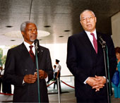 Colin Powell, picutred with UN Secretary General Kofi Annan, served as Secretary of State from 2001 to  2005.