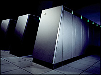 BlueGene includes eight cabinets with distinctive slanted front edges.