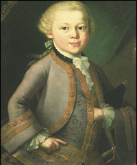 An oil painting of Mozart, 6, dressed in a court costume given to him at the Imperial Court in Vienna.